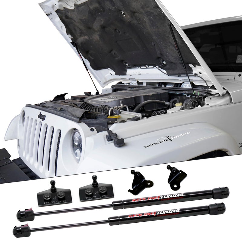 Redline Tuning 21-20002-02 Hood Quicklift Plus Bolt-in System V2 Compatible with Jeep Wrangler JK 2007-2017 (All Black Components) - Image 1